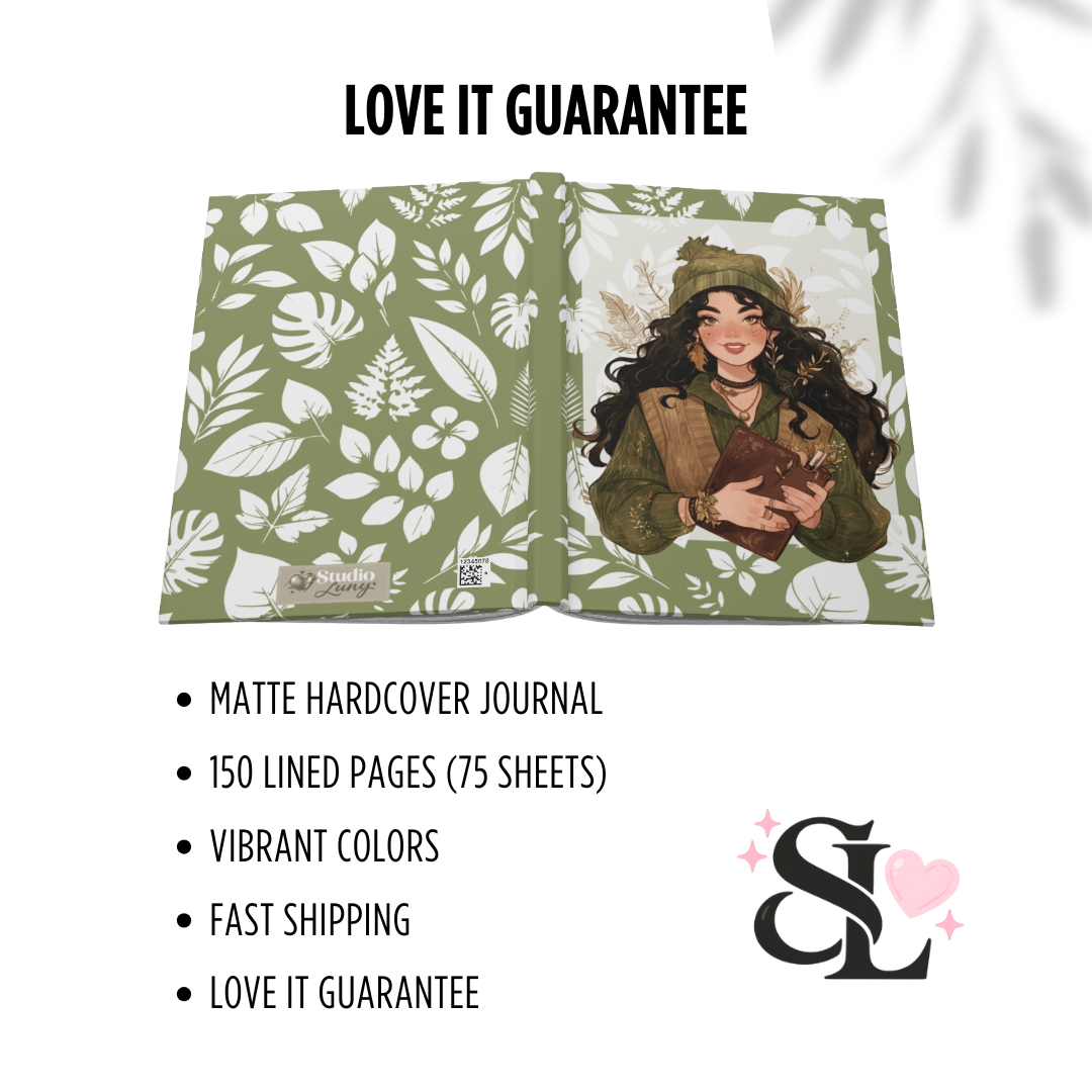 Green Botanical Girl Hardcover Journal — Lined Notebook for Nature Lovers