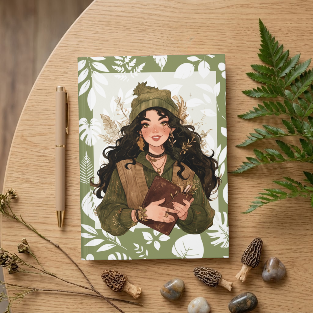 Green Botanical Girl Hardcover Journal — Lined Notebook for Nature Lovers
