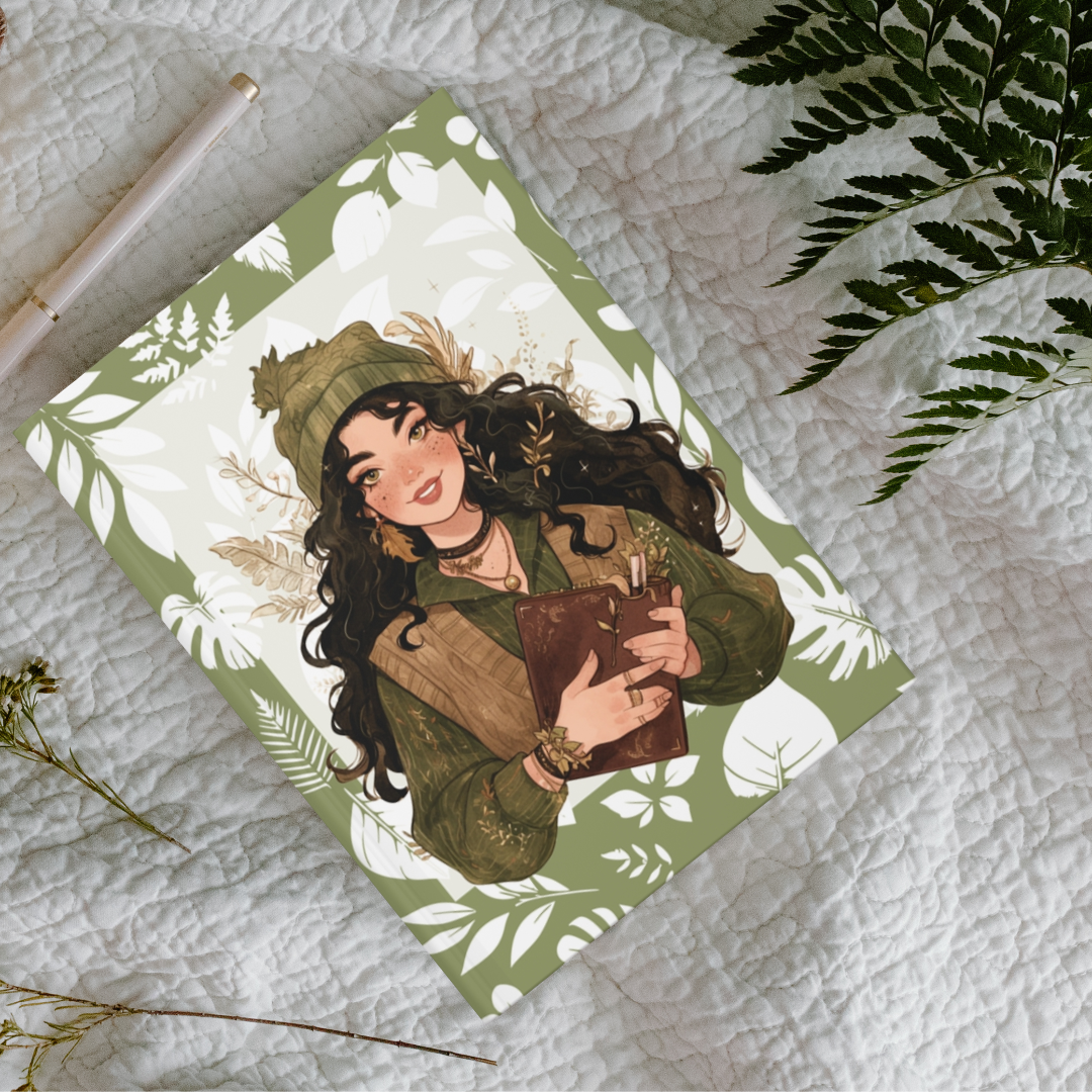 Green Botanical Girl Hardcover Journal — Lined Notebook for Nature Lovers