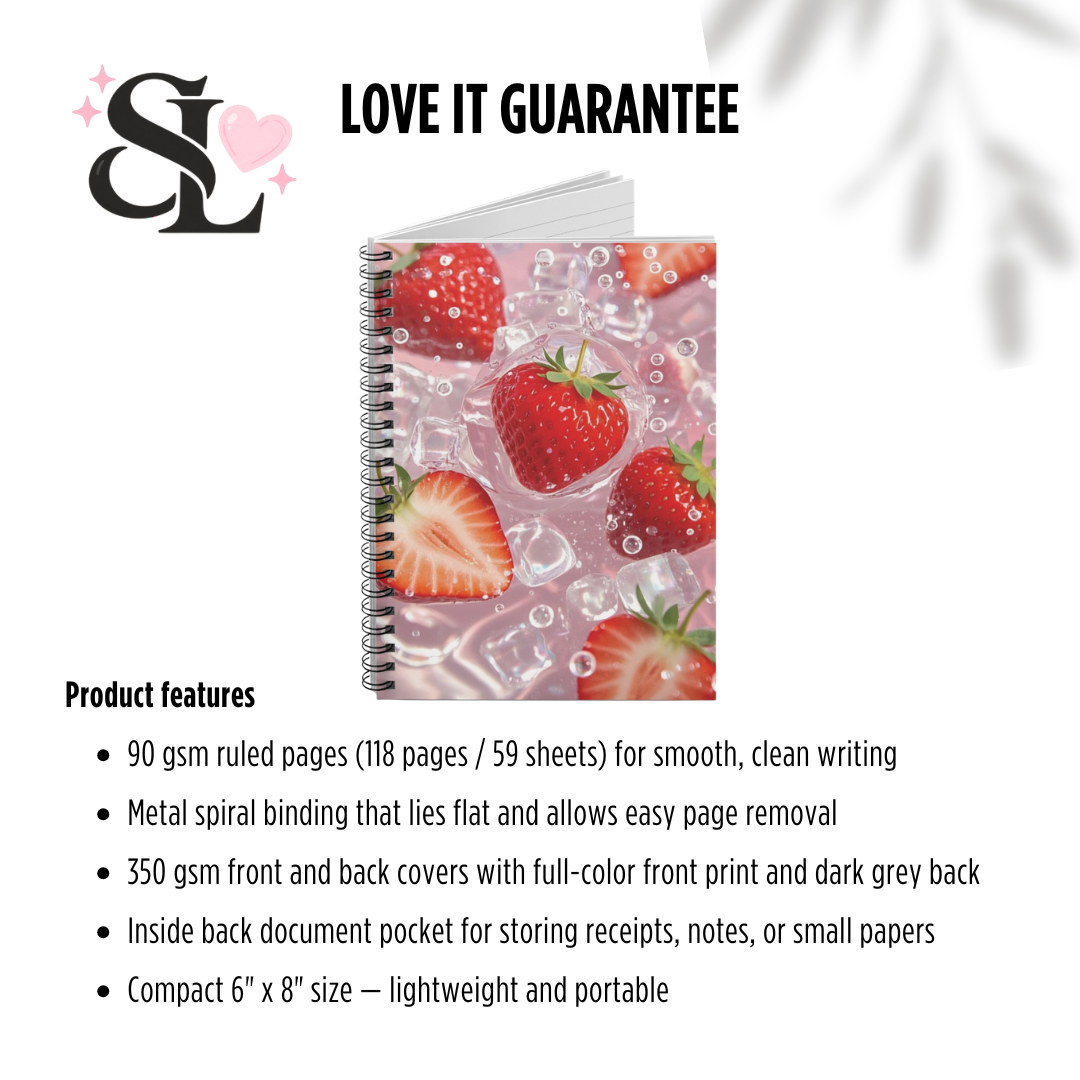 Fresh Strawberry Splash Notebook | Juicy Fruit Aesthetic Ruled Journal