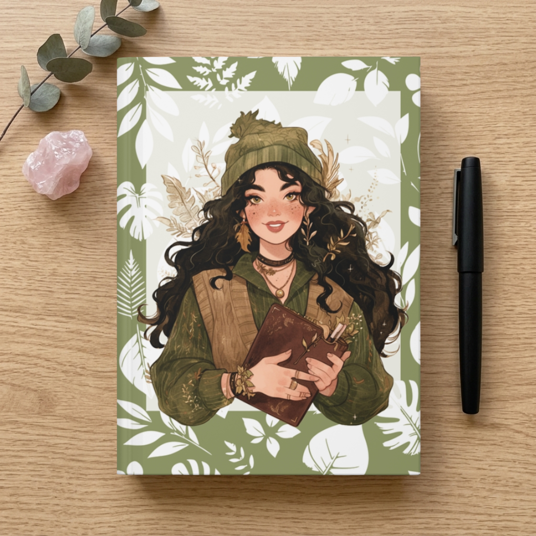 Green Botanical Girl Hardcover Journal — Lined Notebook for Nature Lovers