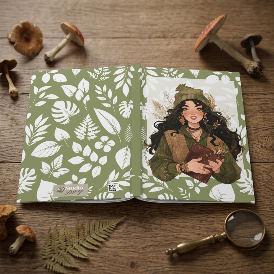 Green Botanical Girl Hardcover Journal — Lined Notebook for Nature Lovers